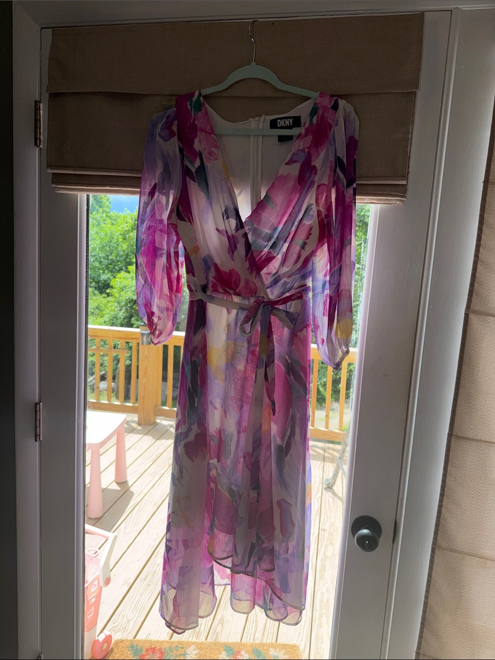 DKNY Sheer Floral Midi Dress in Pink and Purple